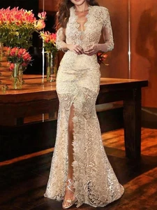 Sexy Vestido de Noche Formal Sirena Manga Larga Cuello en V Chifón Encaje Apliques Vestido - Imagen 1 de 22