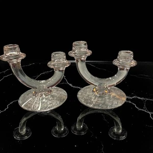 Vintage Fostoria Holly Glass Candlestick Sonata Duo Glass Clear Etched- Pair - Picture 1 of 1
