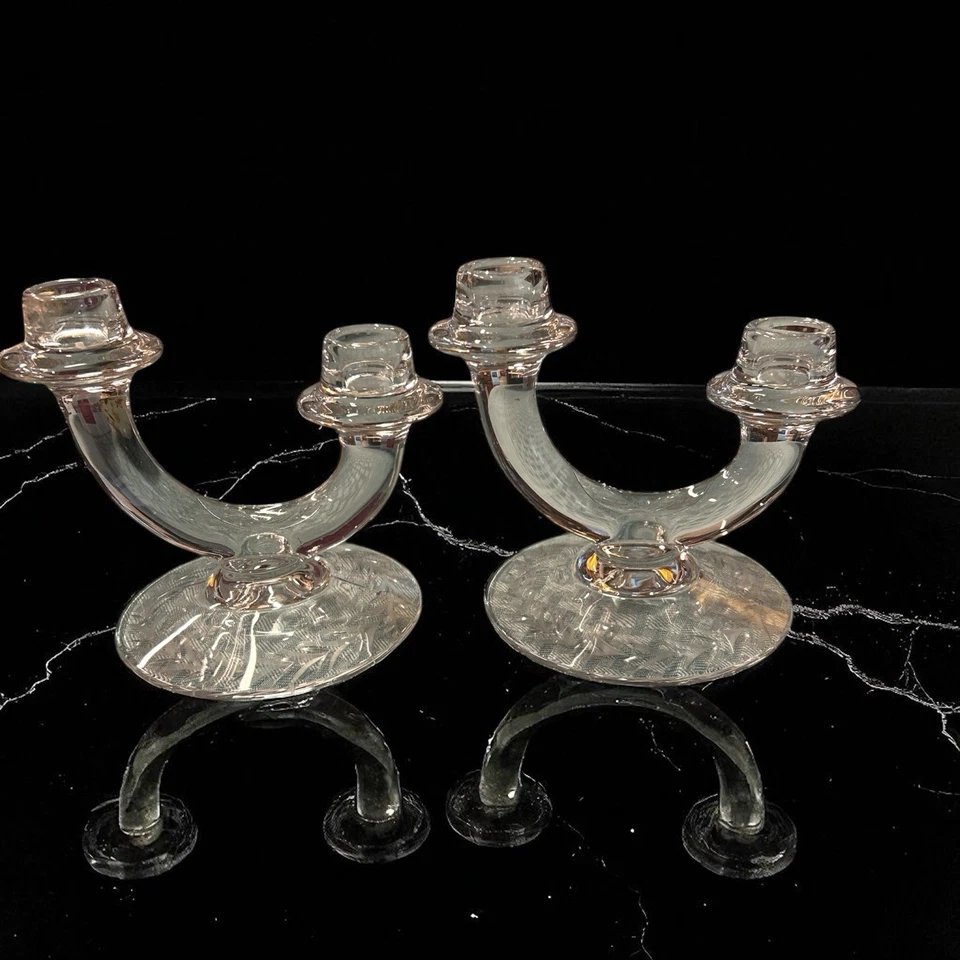 Vintage Fostoria Holly Glass Candlestick Sonata Duo Glass Clear Etched- Pair - Image 1 of 1