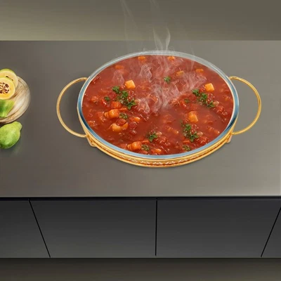 Servidores buffet de catering dorados + transparentes, estufa de comedor, platos para rozar para buffet Foto 1 de 4