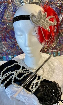 Модный набор 1920-х Red Flapper, обруч с перьями, держатель для сигар, серьги, жемчуг - Изображение 1 из 4