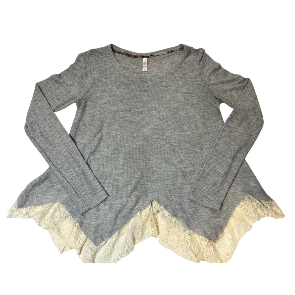 CAMISA MUJER M Gris Mangas Largas Blanco Encaje Ribete Dobladillo Asimétrico Hilaración Foto 1 de 4