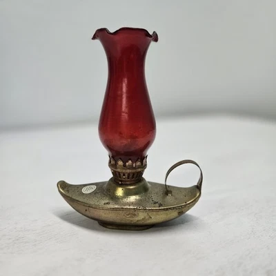 Vintage Miniature Oil Lamp With Copper Metal Base And Handle Red Glass 6” - Image 1 of 4