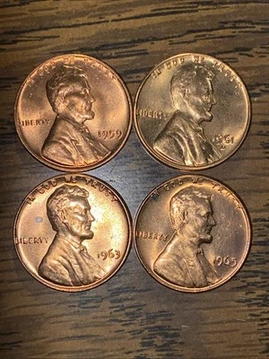 UNC 1959-p 1961-p 1963-d 1965-p Red Lincoln Cents $4.95 Free Shipping. - Image 1 of 4