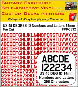 RC Vinyl Stickers US 45 DEGREE ID LETTERS NUMBERS 14mm PRE CUT FPRC832  RED - Picture 1 of 3