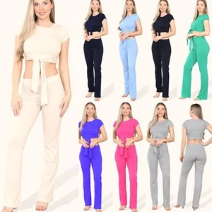 Women Ladies Tie Belt Crop Top Trouser Set Tracksuit Loungewear Jogsuit 2 Piece - Picture 1 of 20