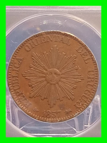Graded 1857-D Uruguay 20 Centesimos Coin KM# 9 Low Mintage ~ ANACS AU 50 Details Cover