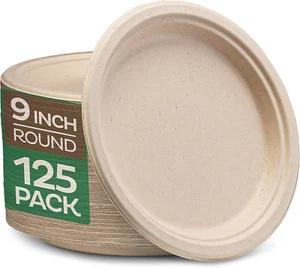 23 Cm Paper Plates, 125 Pack Disposable Plate, 100% Compostable Lunch or Dinner - Picture 1 of 8