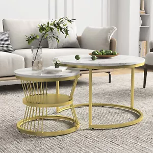 2er Beistelltisch Couchtisch Marmor Optik Wohnzimmertisch Rund Satztisch - Bild 1 von 48