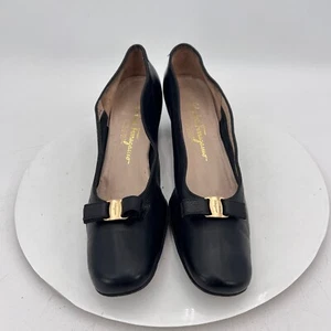 Salvatore Ferragamo Women Size 10 AAAA Black Leather Bow Block Low Heel Shoes - Picture 1 of 13