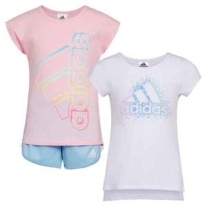 Girl's Adidas 3 Piece Set Logo T-Shirts and Shorts Pink Blue & White Size 6 NWT! - Picture 1 of 3