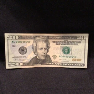TRINARY LOW ZERO 5 of a kind SERIAL NUMBER $20 DOLLAR NOTE BILL 04000034 (2017) - Picture 1 of 7