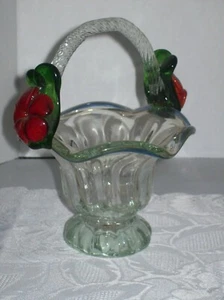 HAND BLOWN CLEAR GLASS BASKET WITH HANDLE AND APPLIED RED FLOWERS & GREEN LEAVES - Picture 1 of 7
