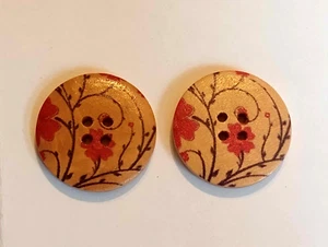 2 Floral Sewing Buttons Crafting Wood 4 Hole 1.25"  - Picture 1 of 2