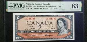 Bank of Canada 1954 $2 BC-30b Devil's Face (SN:F/B5398106) PMG CUNC63  - Picture 1 of 2