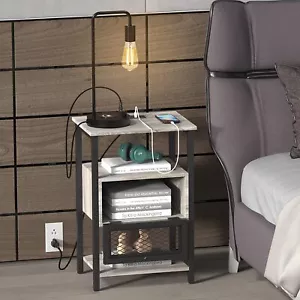 Comodino 3 livelli con stazione di ricarica divano tavolino laterale cassetto per camera da letto grigio - Foto 1 di 7