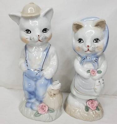 Figuras de gato de colección de porcelana antropomórficas gatos monos sombrero granjero rosas  Foto 1 de 4