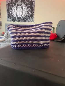 Crochet cat ear beanie purple and white 10 inches - Picture 1 of 5