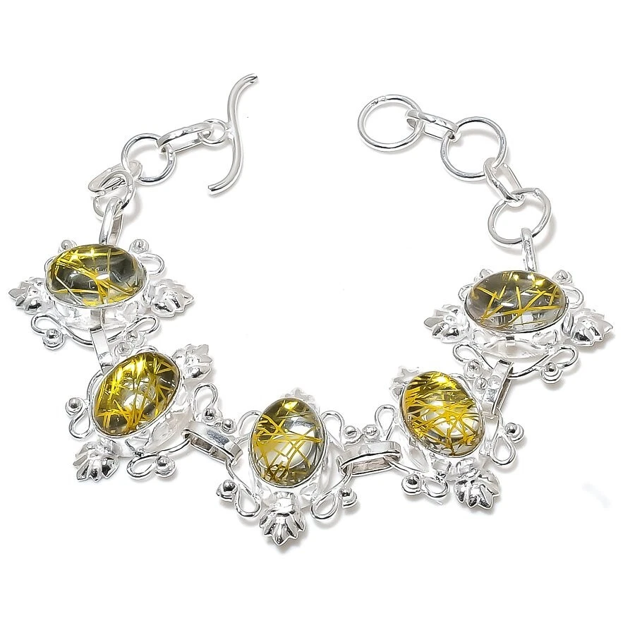 Rutilated Quartz Gemstone Handmade 925 Sterling Silver Jewelry Bracelet Sz 7-8" - Image 1 of 1