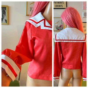 Vintage Sailor Blouse Red & White Puff Sleeve Side Zip Top w/ Ribbon Trim S - Picture 1 of 7