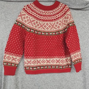 VTG Handknit in Norway Wool Sweater Women M L Red Nordic Fair Isle Crewneck Yoke - Picture 1 of 15