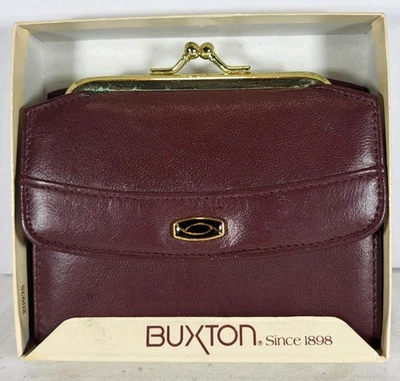 Cartera Monedero Buxton Piel de Cordero Cuero Bloqueo de Beso Borgoña Borde Dorado Nuevo de Lote Antiguo Defecto Foto 1 de 4