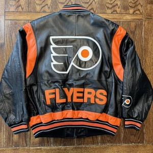 90’s G-III Carl Banks Black Leather Zip Philadelphia Flyers Bomber Jacket Large - Picture 1 of 14