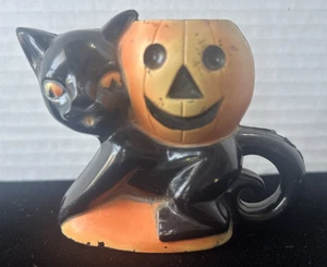 Vintage Rosbro Plastics Cat w/ Pumpkin Jack-O-Lantern Candy Container Halloween - Picture 1 of 6