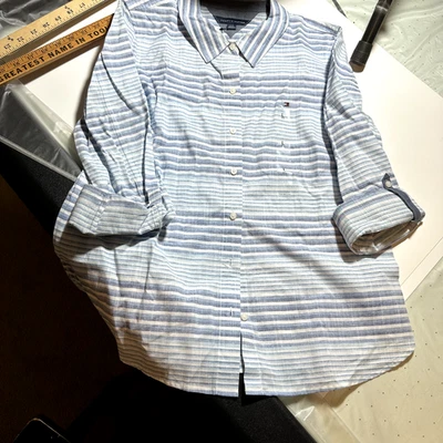 Camisa Tommy Hilfiger Para Mujer Heritage Clásica Algodón Pestaña Enrollable Azul y Blanco L Nueva Con Etiquetas Foto 1 de 4
