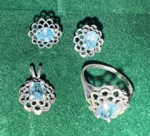 🩶🩶Set di gioielli vintage in argento 925 acquamarina ciondolo, orecchini e anello🩶🩶 - Foto 1 di 4