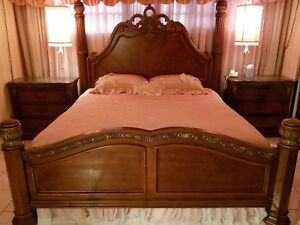 KING POSTER BED /mattress/box spring. JUST REDUCED! Wooden carved. Disassembled 