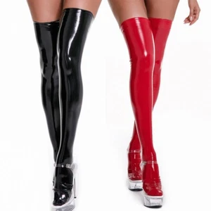 Faux Leather PVC Wetlook shiny Matt Latex Women Sexy Stockings Holdups Red Black - Picture 1 of 17