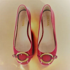 PRADA Magenta Pink Patent Leather Logo Buckle Ballet Flats Size 35.5 - Picture 1 of 9