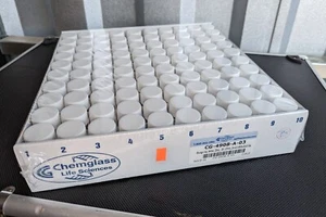 Chemglass CG-4908-A-03 Storage Vial, Amber, 20mL, 28 x 57mm, 24-414 White Caps - Picture 1 of 6