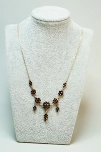 Art Deco Bohemian Garnets Gild Gold Silver Necklace Rosette Drops Clusters 16.5 - Picture 1 of 12