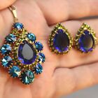 Vintage Rivoli Rhinestone Peacock Blue Necklace Earrings Set