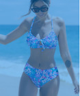 Arty Petals Shirred Lace Back Bralette & Mid Rise Blue Bikini Set, M