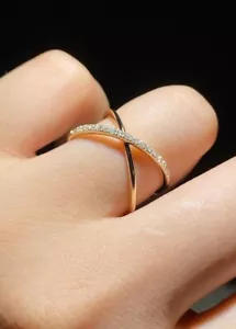 Lab Grown Diamond Criss Cross Ring 10K Yellow Gold X Ring Women Handmade Jewelry - Picture 1 of 10
