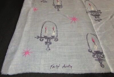Velas vintage Hankie lino Faith Austin estrellas rosas gris telón de fondo enrolladas a mano Foto 1 de 4