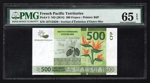 2014 French Pacific Territories, 500 Francs, Pick-5, PMG 65 Gem Uncirculated UNC - Picture 1 of 4