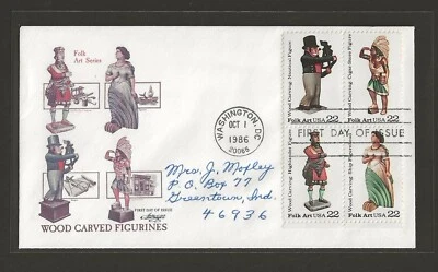 1986 US 22c Block Wood Carved Figurines Folk Art Series FDC Scott #2243a - Image 1 of 2