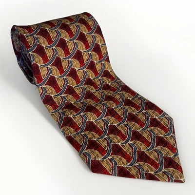 Vintage Ferrell Reed Handmade Silk Men’s Neck Tie Red Gold & Pewter Geometric - Image 1 of 4