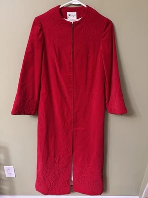 Bamberger’s Vintage Acetate Lined House Coat Bath Robe Red Floral Velvet Sz S - Image 1 of 4