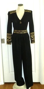 2-pc FAB Vtg ST JOHN Black Santana Gold Paillette Trim+Belt Jumpsuit 4 Tall? USA - Picture 1 of 23