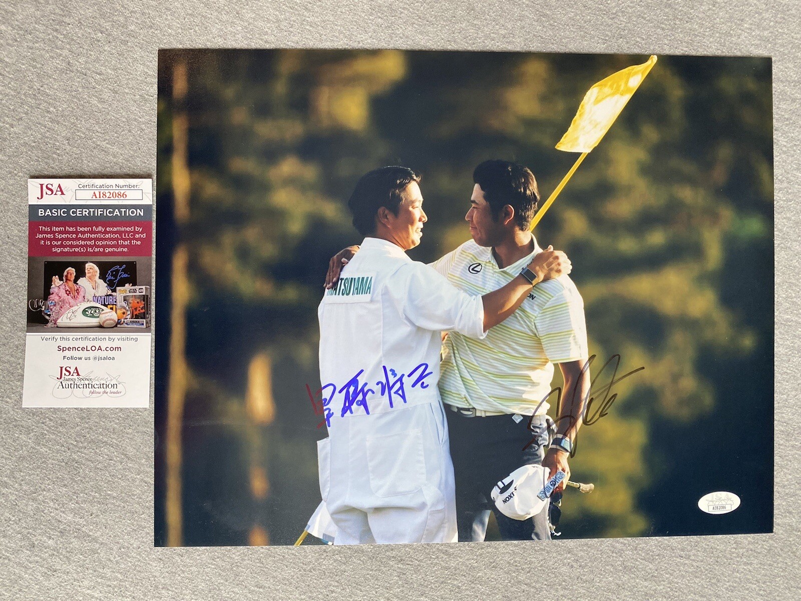 Hideki Matsuyama Autographed Signed 2021 Masters & Shota Hayafuji Duel Hug 11X14 Photo JSA 