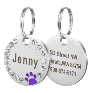 Paw Rhinestone Personalized Dog Tags Pet Cat ID Name Tag Engraved Free Hair Bows - Picture 1 of 18