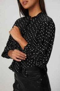The Kooples Flowing Silk Blend Fabric Black Top with White Polka Dots 1 US XS - Picture 1 of 4