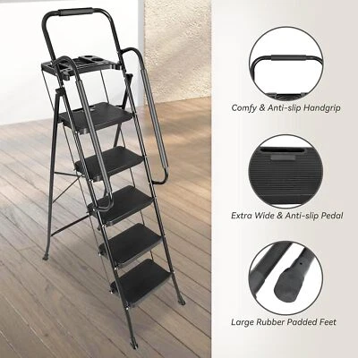 5 Step 330 lbs Non-Slip Stool Ladder with Handrails folding Tool Tray Platform - Image 1 of 4