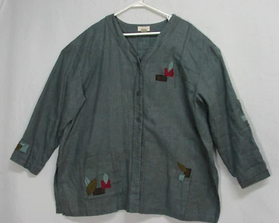 Chaqueta De Colección J Jill 100% Lino Bordada Botón Frontal Lagenlook Artística Otoño XL Foto 1 de 4