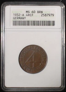 1932A Germany/Weimar 4 Reichspfennig ANACS MS60BN - Picture 1 of 4